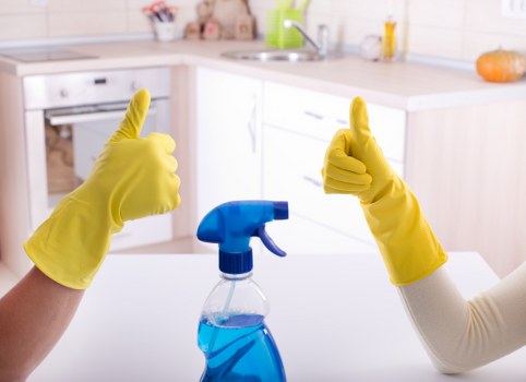 Cleaning staff working in a residential property with equipment